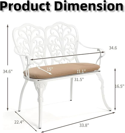 Patio Aluminum Outdoor Bench with Soft Cushion, Garden Metal Loveseat Furniture, Vintage Carving White Front Porch Chair Seat