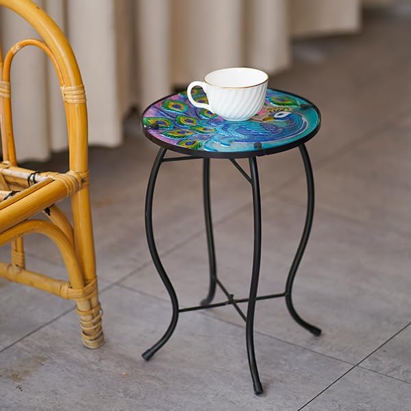 10 Inch Round Peacocks Glass Side Table, Patio Small Table, Outdoor Side Table, Outdoor Bar Table - Photo 2