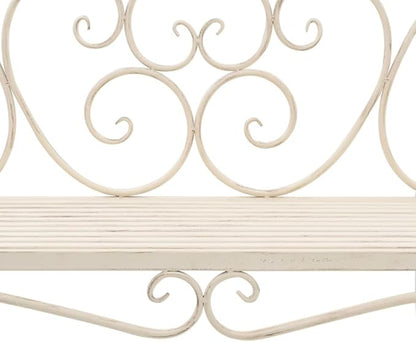 Garden Bench Antique White Metal 52 in Width Decorative Inlays,Sturdy Metal Garden Bench with Vintage Scroll Design, WeatherResistant and for Outdoor Use Patio Furniture