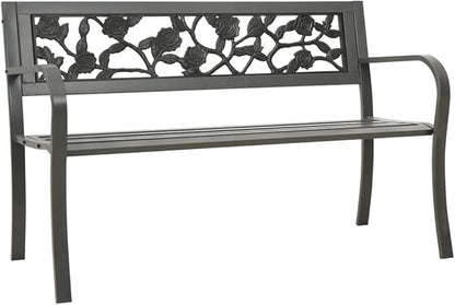Patio Bench 49.2 Inch Steel Outdoor Garden with Rose Pattern Backrest. Weather Resistant Powder Coated Metal Bench for Patio Garden Yard Decor