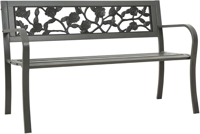 Vintage Rose Pattern Garden Bench 3-Seater Classic Seating for Outdoor Spaces Powder-Coated Steel Patio Furniture