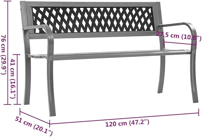47.2 in Matte Black Garden Bench, Metal Lattice Back Patio Seating for Two, 242.5 lbs Load, Outdoor Furniture for Small Balcony, Porch, Park and Backyard