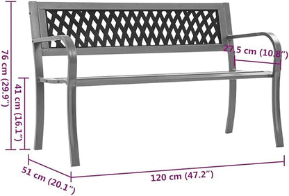 Garden Bench Black Steel, 47.2 in Durable Outdoor Patio Furniture, Weatherproof Porch Seating for 2 People, Matte Finish Patio Bench