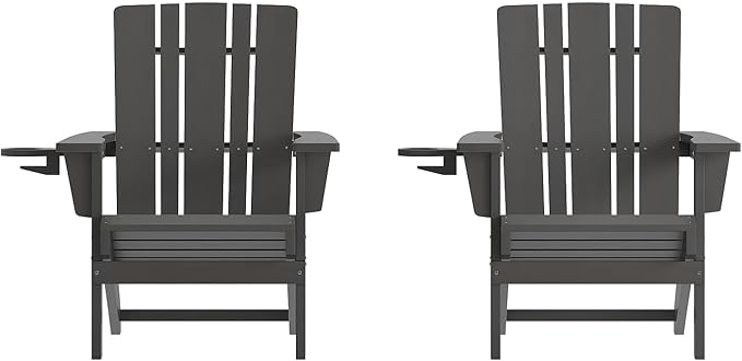 Flash Furniture Halifax Adirondack Chairs with Cup Holders, Weather Resistant Poly Resin Adirondack Chairs, Set of 2, Gray