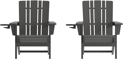 Flash Furniture Halifax Adirondack Chairs with Cup Holders, Weather Resistant Poly Resin Adirondack Chairs, Set of 2, Gray