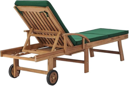 Set of 2 Outdoor Sun Loungers, Extra Long Solid Teak Wood Reclining Pool Chairs with Green Cushions, Adjustable Backrest Patio Furniture