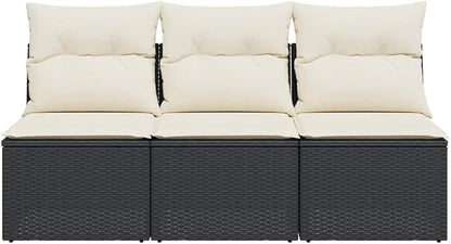 3-Seater Garden Sofa in Black and Cream White, Modular Outdoor Furniture with Weather-Resistant Cushions and Waterproof Storage Bag for Patio, Balcony, or Garden