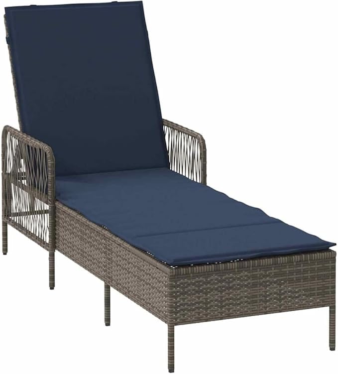 3-Piece Outdoor Lounge Set in Grey-Navy Poly Rattan, 78.74 inch Reclining Chaise w Adjustable Backrest - Photo 5