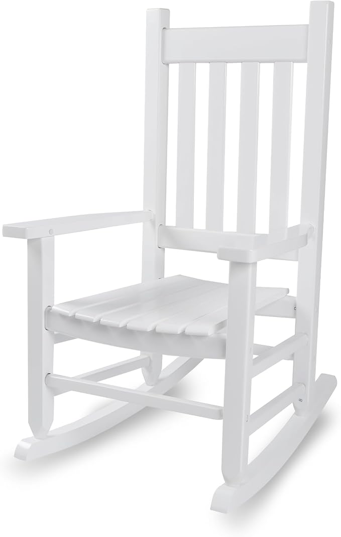 Kids Rocking Chair for Toddler and Children Comfy Recliner Wooden Rocker for Baby Girls Outdoor Lounge for Age 6-10 Indoor Anti-Tip Design Safe & Sturdy White