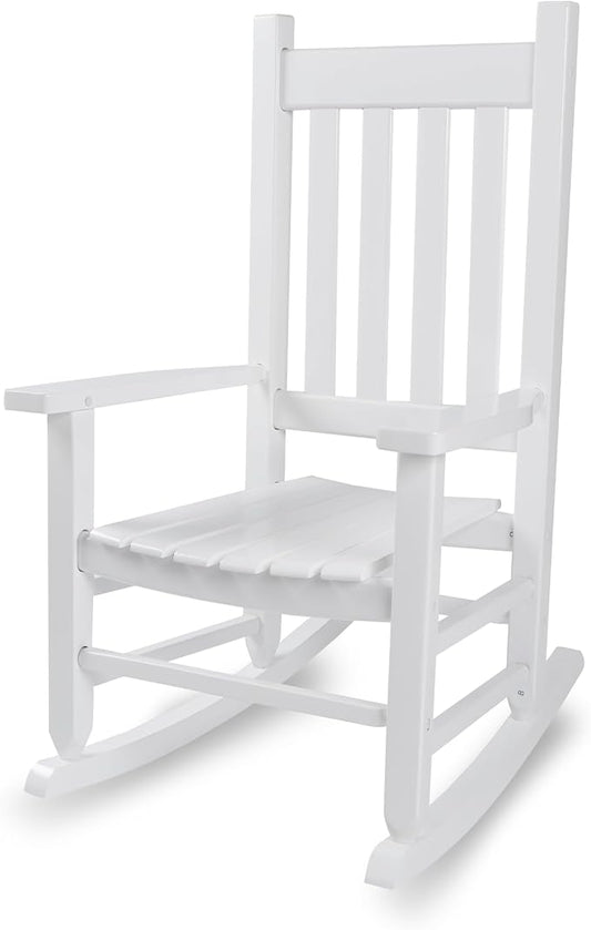 Kids Rocking Chair for Toddler and Children Comfy Recliner Wooden Rocker for Baby Girls Outdoor Lounge for Age 6-10 Indoor Anti-Tip Design Safe & Sturdy White