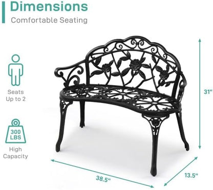 Patio Outdoor Park Loveseat Bench for Garden Porch Deck Made Cast Iron Anti-Rust Aluminum Metal, 2-3 Seater (38.5" Cast Aluminum Outdoor Rose Black Bench)