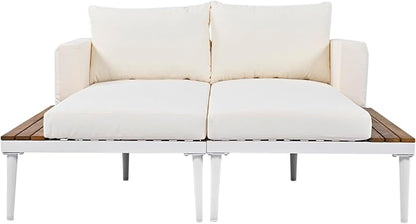 SOFTSEA Outdoor Daybed Patio Metal Frame Daybed with Wood Side Tables, 2-in-1 Convertible Chaise Lounges, Outdoor Loveseat Sofa Set with Cushions for Backyard, Poolside, Beige Natural