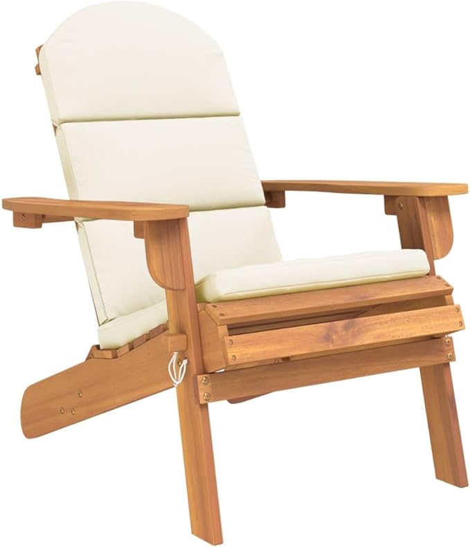 Adirondack Patio Chair with Cream Cushions Solid Acacia Wood Foldable Outdoor Lounge Chair for Poolside, Beach, Garden - Photo 3