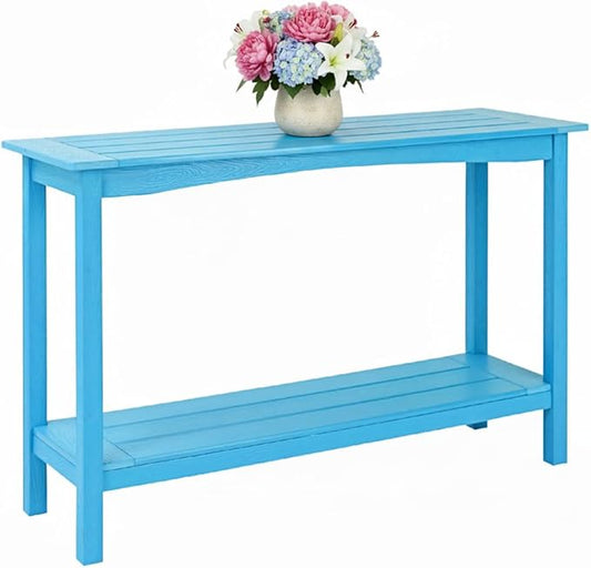 Weatherproof HIPS Outdoor Console Table, 48'' 2-Shelf SideTable Indoor/Outdoor Use, Multifunctional Buffet Table Bar Storage Organizer for Entryway,Yard, Outside Plant Stand Table, Blue