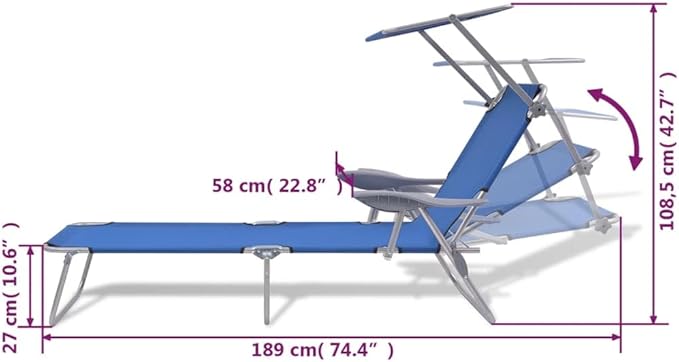 Sun Lounger with Canopy, 74.4"x22.8" Folding Steel Frame Outdoor Chaise Lounge - Photo 2