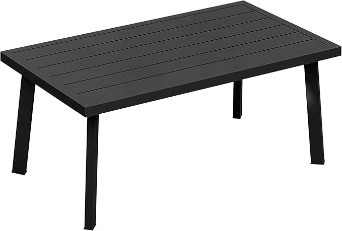 Patio Coffee Table, Never-Rust Aluminum Outdoor Coffee Table with Wood Grain Texture, Modern Rectangle Garden Coffee Table with Slatted Tabletop for Poolside, Decks, Indoor, Backyard, Black | Never-Rust, Slatted Tabletop