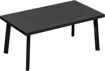 Patio Coffee Table, Never-Rust Aluminum Outdoor Coffee Table with Wood Grain Texture, Modern Rectangle Garden Coffee Table with Slatted Tabletop for Poolside, Decks, Indoor, Backyard, Black | Never-Rust, Slatted Tabletop