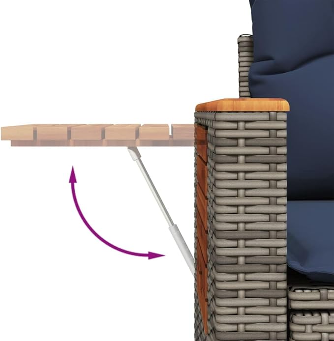 2-Seater Patio Sofa with Foldable Side Table, Outdoor Loveseat Garden Bench with Acacia Wood Accents, Gray PE Rattan Furniture with Navy Blue Cushions