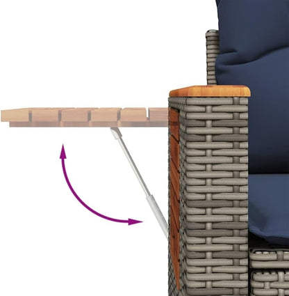 2-Seater Patio Sofa with Foldable Side Table, Outdoor Loveseat Garden Bench with Acacia Wood Accents, Gray PE Rattan Furniture with Navy Blue Cushions