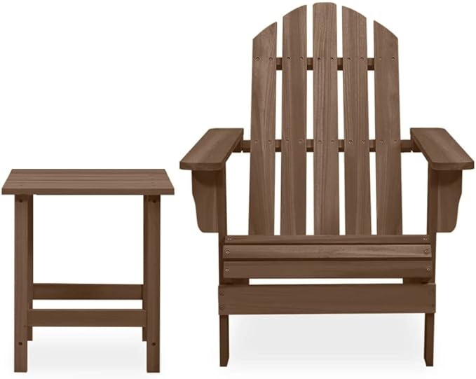 Solid Fir Wood Adirondack Chair with Table Outdoor Patio Furniture Set Brown Compact Bistro Style Seating for Garden - Photo 2