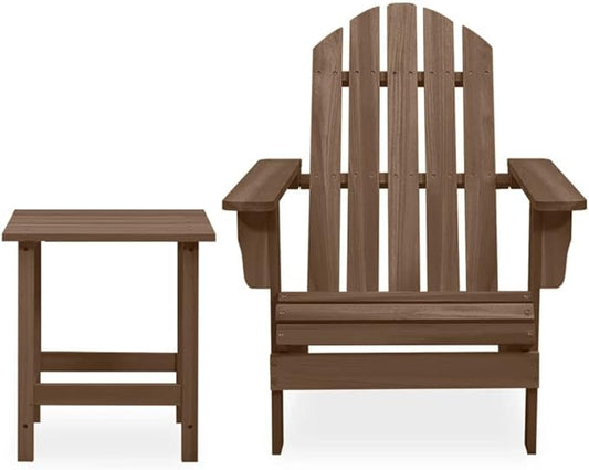 Solid Fir Wood Adirondack Chair with Table Outdoor Patio Furniture Set Brown Compact Bistro Style Seating for Garden Balcony Porch