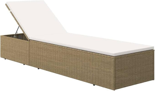 Adjustable Brown PE Rattan Sunlounger 77.9 x 23.6 x 32.9 in Patio Chaise Lounge with Cream Cushion Outdoor Poolside Lounge Chair for Garden Deck Balcony Use