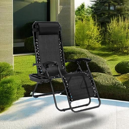 EZONE 1 - Chair Zero Gravity Lounge Chair Outdoor Adjustable Reclining Patio Chair Steel Mesh Folding Recliner for Pool Beach Camping Lounge Chair with Pillow and Cup Tray (1, Black)
