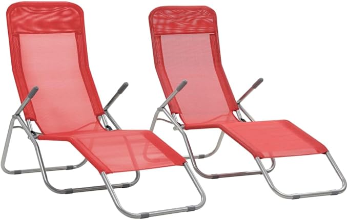 Red Folding Sunlounger 2-Pack, 24"x56" Textilene Chaise, Steel Frame, Adjustable, Beach Patio Garden Camping - Photo 1