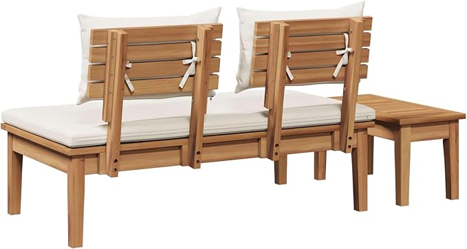 Garden Bench Set 2 pcs Cream and Brown Solid Teak Wood Modern Rectangular Design for Garden and Patio Use
