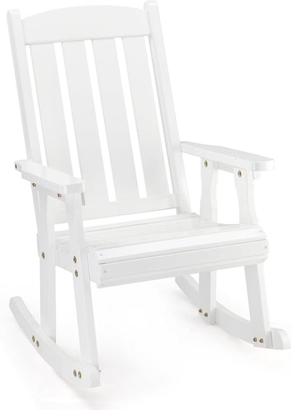 VINGLI Heavy Duty 600 LBS Outdoor Wooden Rocking Chair with Higher Backrest,Patio Rocking Chair with Ergonomic Design, Weatherproof Outdoor Rockers Suit for Patio, Garden, Balcony, Yard, White