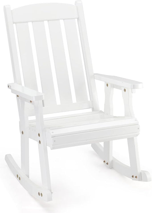 VINGLI Heavy Duty 600 LBS Outdoor Wooden Rocking Chair with Higher Backrest,Patio Rocking Chair with Ergonomic Design, Weatherproof Outdoor Rockers Suit for Patio, Garden, Balcony, Yard, White