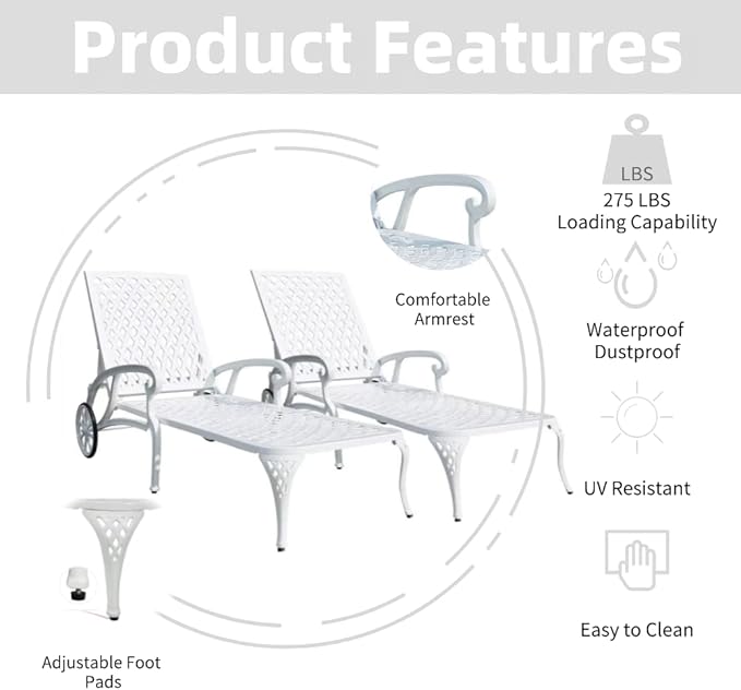 Chaise Outdoor Aluminum Lounge Chair with Wheels, 3-Position Adjustable Recliner Furniture Set for Poolside, Backyard and Patio (2pcs, White)