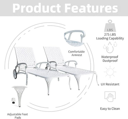Chaise Outdoor Aluminum Lounge Chair with Wheels, 3-Position Adjustable Recliner Furniture Set for Poolside, Backyard and Patio (2pcs, White)
