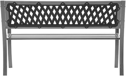 Garden Bench Black Steel Plastic 47.2 Inch Durable Modern Outdoor Bench for Patio with Lattice Backrest, Comfortable Seating for Two, Weather-Resistant Synthetic Material,