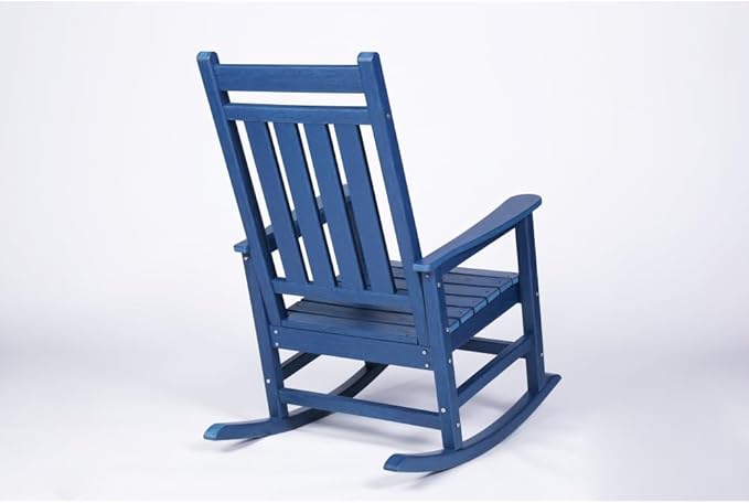 Outdoor Rocking Chair Set with Side Table, 3-Piece Rocking Chair Set with Wood-Texture,All Weather-Resistant,Black (Navy Blue + Plastic)