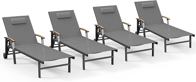 Ciokea Outdoor Lounge Chair with Pillow Set of 4, 5-Position Chaise Lounge with Wheels & Armrests - Photo 1