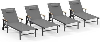 Ciokea Outdoor Lounge Chair with Pillow Set of 4, 5-Position Chaise Lounge with Wheels & Armrests, 400 lbs Heavy Duty Aluminum Pool Lounge Chairs, for Beach, Deck, Poolside & Backyard, Grey