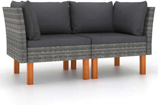 Modular Grey Outdoor Sofa Set, 25.4x25.4x26.4 in Poly Rattan Patio Sectional with Eucalyptus Legs, Versatile Balcony Couch for Garden, Terrace, Poolside
