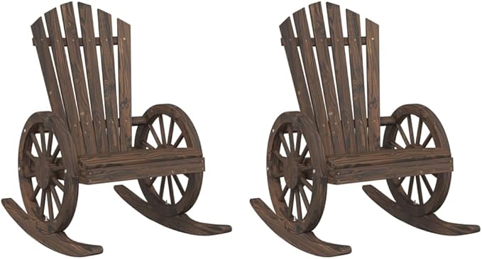 Set of 2 Rocking Adirondack Chairs in Burnt Look Finish, Solid Fir Wood Frame for Outdoor and Indoor Relaxation, Moisture-Resistant Durable Patio Seating with Ergonomic