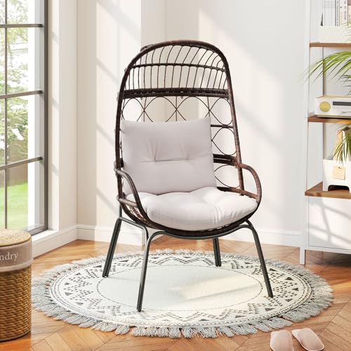 Tangkula Narrow Wicker Egg Chair Outdoor, Patio Rattan Lounge Basket with Seat & Back Cushions, Metal Indoor Outdoor Leisure Sofa Cocoon Chair for Bedroom, Backyard, Balcony, 400 lbs Max Load