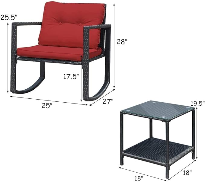 HAPPYGRILL 3 Pieces Rocking Bistro Set Outdoor Patio Rocking Chairs with Coffee Table - Photo 7