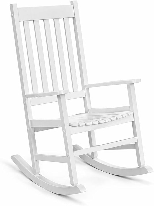 White Wooden Rocking Chair – 68.5 × 86 × 115 cm Comfortable Porch & Patio Rocker with Classic Design for Home, Garden & Living Room Seating