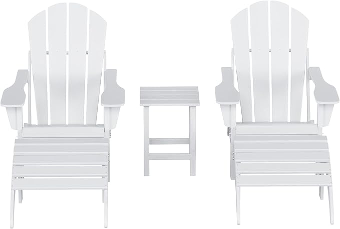 WestinTrends Malibu Outdoor Lounge Chairs Set, 5-Pieces Adirondack Chair Set of 2 with Ottoman and Side Table, All Weather Poly Lumber Patio Lawn Folding Chair for Outside, White