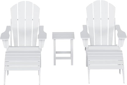 WestinTrends Malibu Outdoor Lounge Chairs Set, 5-Pieces Adirondack Chair Set of 2 with Ottoman and Side Table, All Weather Poly Lumber Patio Lawn Folding Chair for Outside, White