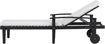 Outdoor Chaise Lounge Chair, Pool Lounge Chairs with Wheels, 5-Position Adjustable Backrest & Wood Frame, Patio Lounge Chair for Pool Poolside Sunbathing Backyard Beach (Black White)