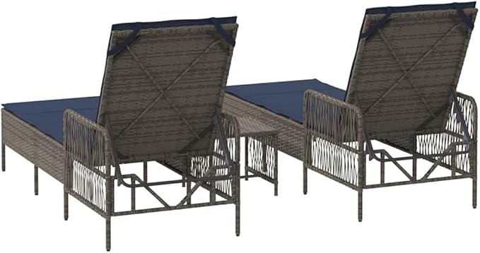 3-Piece Outdoor Lounge Set Grey-Navy Poly Rattan Adjustable Chaise 78.74x21.65x36.22 in with Side Table Cushions Modern - Photo 8
