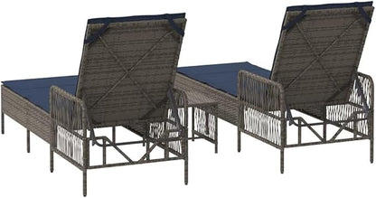 3-Piece Outdoor Lounge Set in Grey-Navy Poly Rattan, 78.74 inch Reclining Chaise w Adjustable Backrest, All-Weather Frame & Table, for Poolside Garden Patio and Balcony