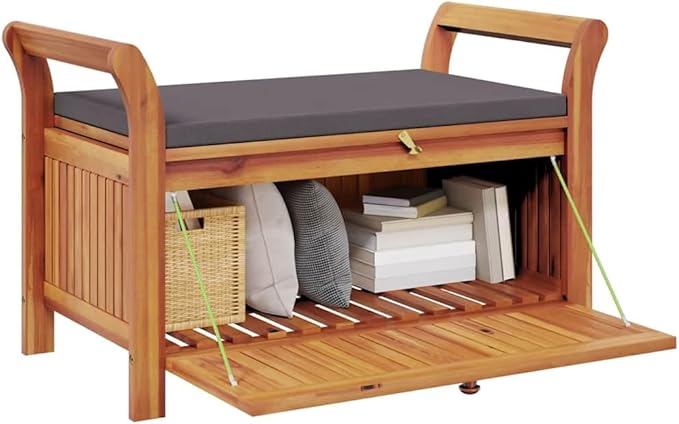 Solid Acacia Wood Outdoor Storage Bench with Cushion, Brown, Rectangular, 36x49.6x23.6 in for Garden Patio Entryway Seating and Organization