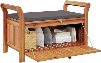 Solid Acacia Wood Outdoor Storage Bench with Cushion, Brown, Rectangular, 36x49.6x23.6 in for Garden Patio Entryway Seating and Organization