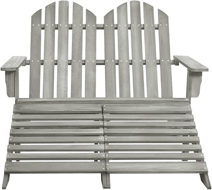 Grey Solid Fir Wood Two-Seater Detachable Garden Chair with Ottoman, Outdoor Furniture for Patio Balcony Relaxation, Durable Weather-Resistant Design